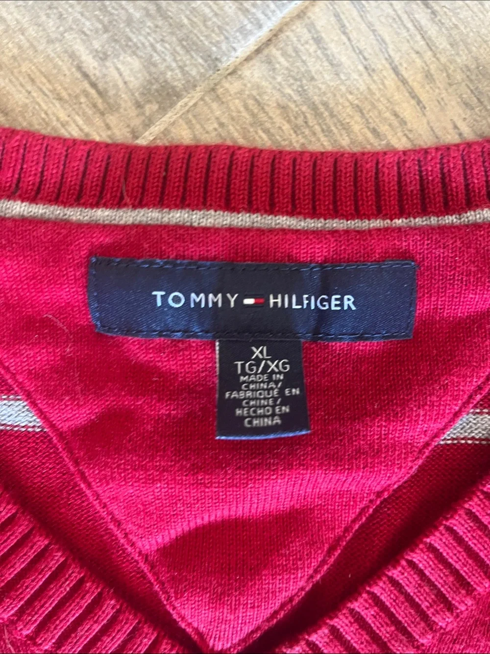 Tommy Hilfiger Men’s Red V-Neck Sweater with Thin White Stripes
